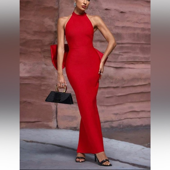 Elegant Red Bodycon Bandage Evening Dress with Bow Detail - Picture 4 of 7